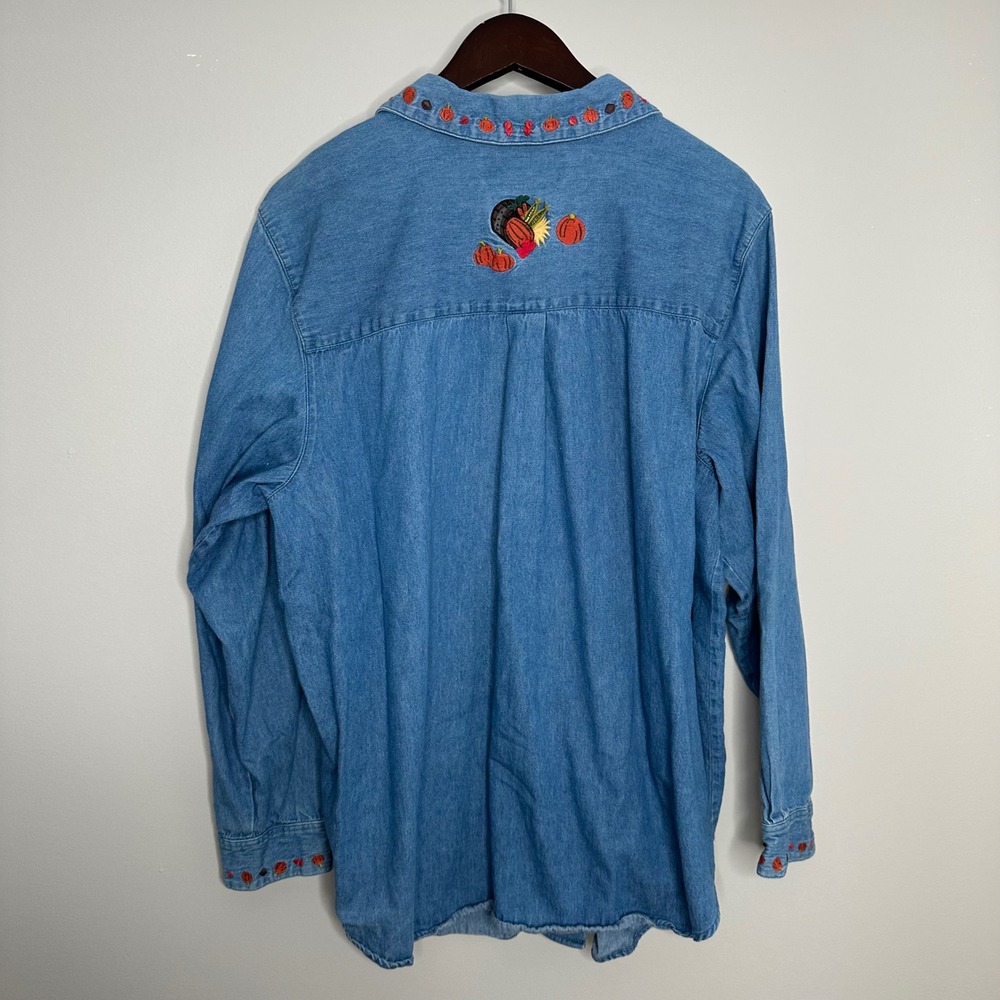 Karen Scott II Women's Denim Shirt‎ Fall Cats Pumpkins Corn Embroidery 2X - Picture 8 of 9